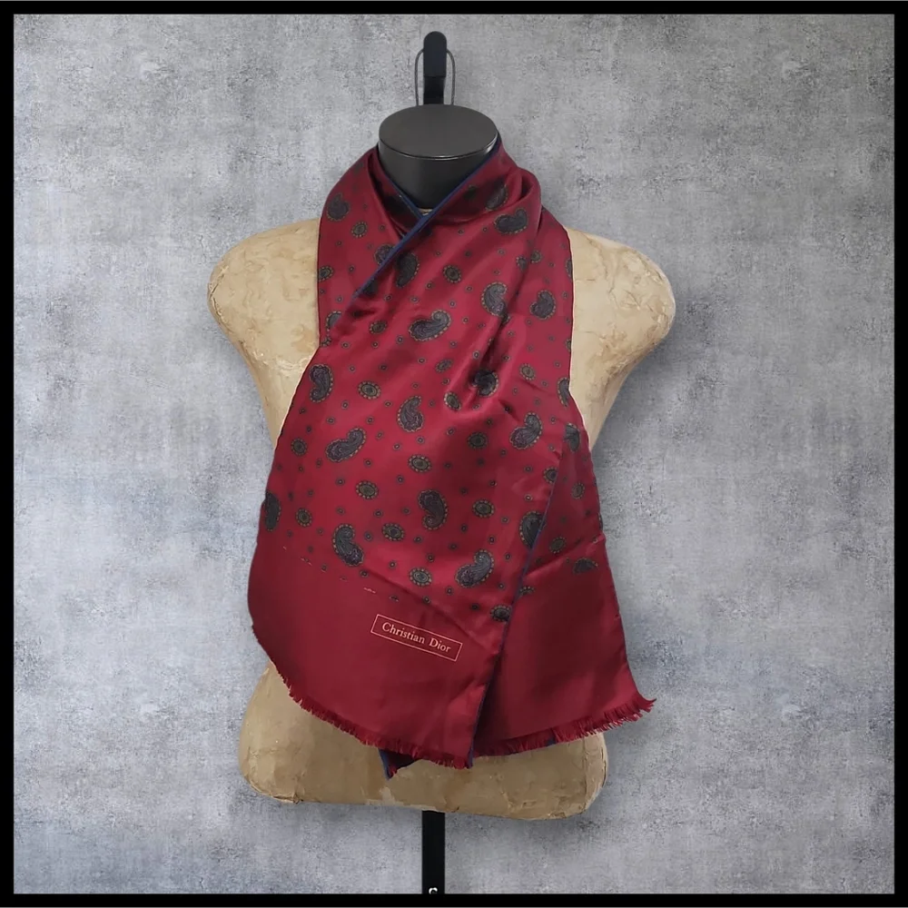 Vintage 80s Christian Dior Silk Paisley Flannel Back Fringe Scarf Burgundy Blue